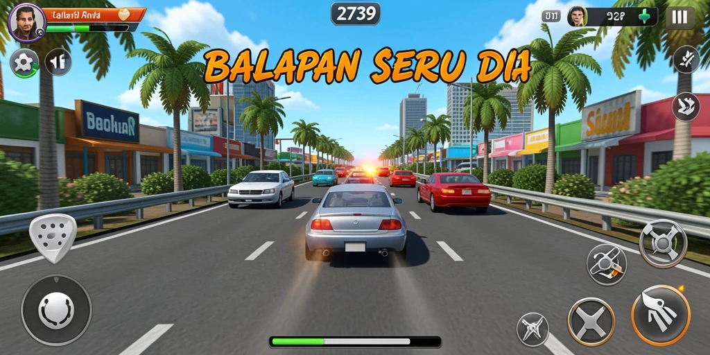 Gameplay balapan seru di 2739 dengan kendaraan berkecepatan tinggi.