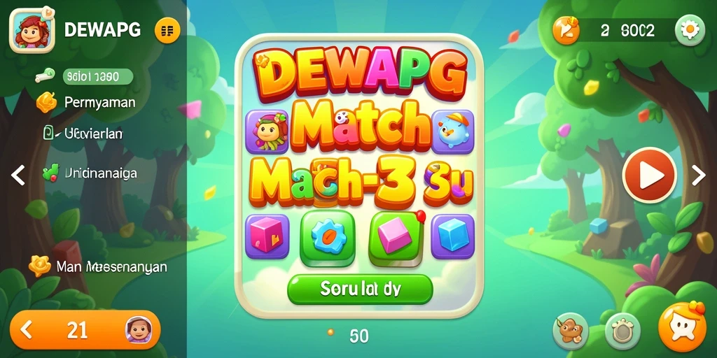 Screenshot utama DEWAPG menampilkan gameplay Match-3 yang seru dan penuh warna.