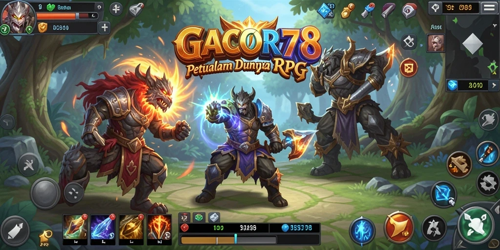 Tampilan gameplay GACOR78 menampilkan pertarungan epik di dunia fantasi.