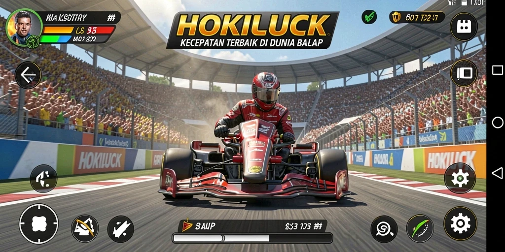 Gambaran gameplay HOKILUCK dengan kendaraan balap yang melaju kencang.