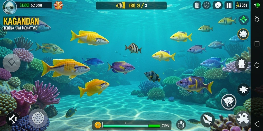 Tampilan gameplay KAGANDAN dengan aksi menembak ikan.