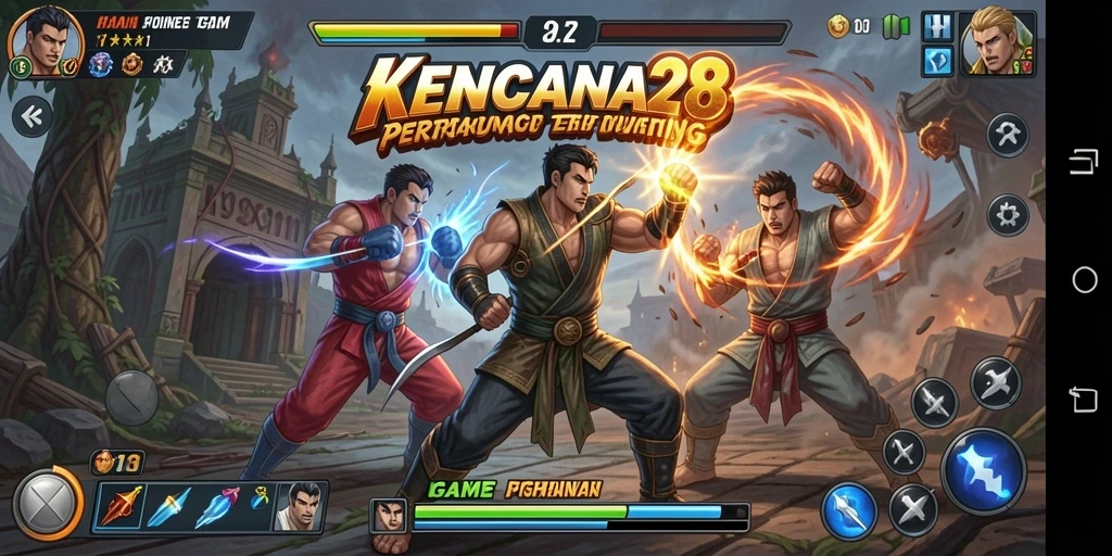 Screenshot KENCANA28 menampilkan karakter bertarung dalam arena yang berbeda.