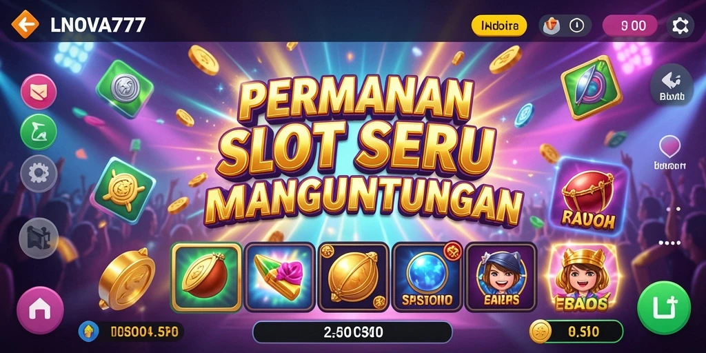 Screenshot gameplay LNOVA777 menampilkan mesin slot yang penuh warna.