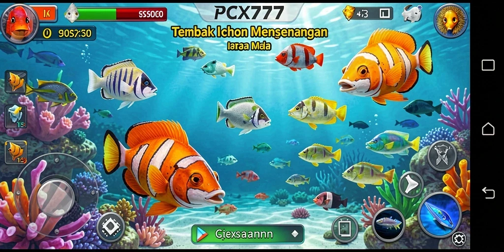 Tangkapan layar gameplay seru PCX777 dengan ikan beragam.