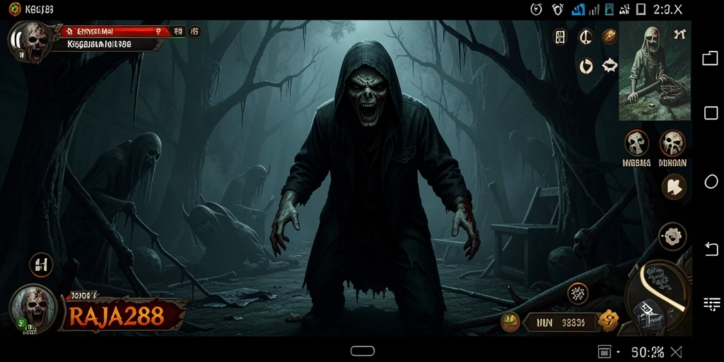 Screenshot gameplay RAJA288 menampilkan suasana menyeramkan yang memikat.