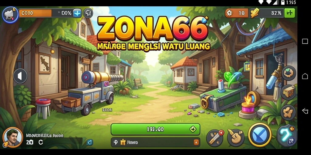 Tampilan gameplay ZONA66 dengan karakter mengumpulkan sumber daya secara otomatis.